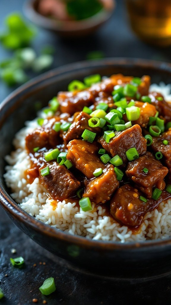 A bowl of Mongolian beef stir-fry served over rice, topped with green onions.