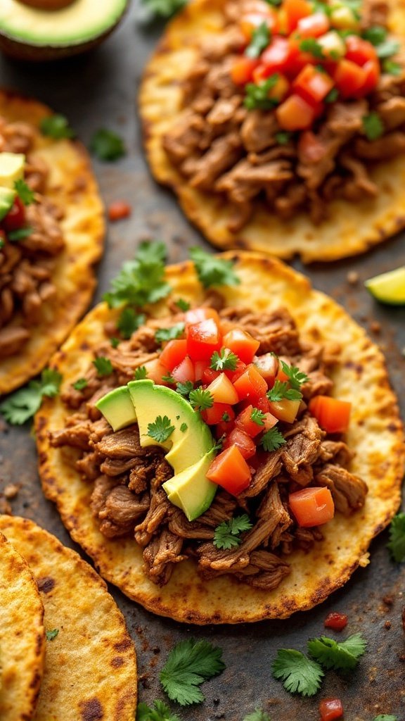 Pork carnitas tostadas topped with avocado, tomatoes, and cilantro.