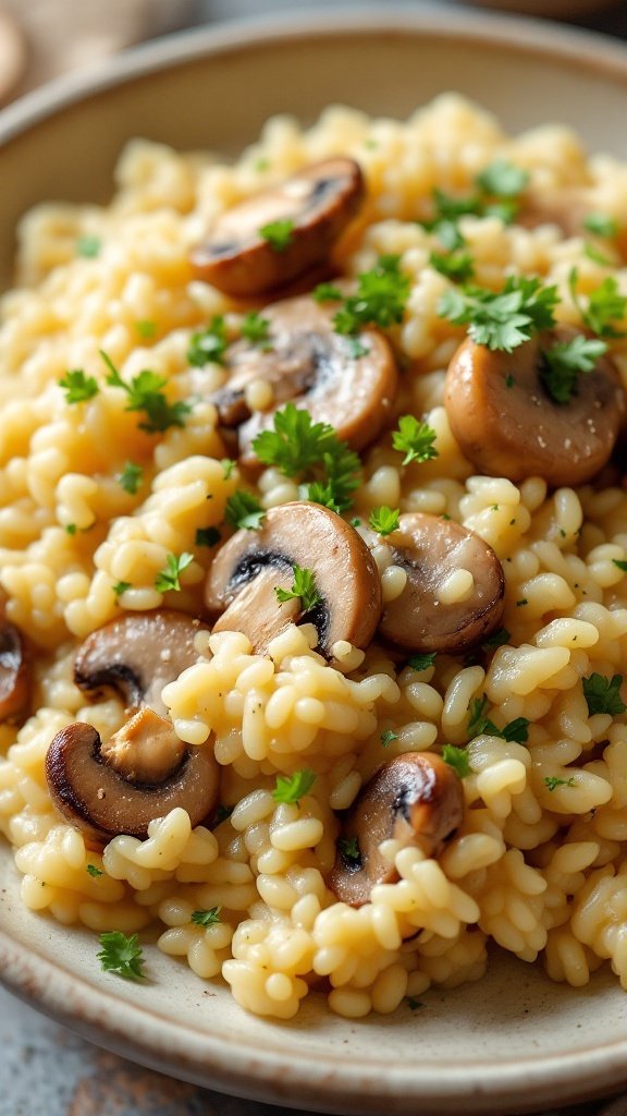 A creamy mushroom risotto served in a bowl, garnished with parsley, showcasing the rich texture and flavor of the dish.