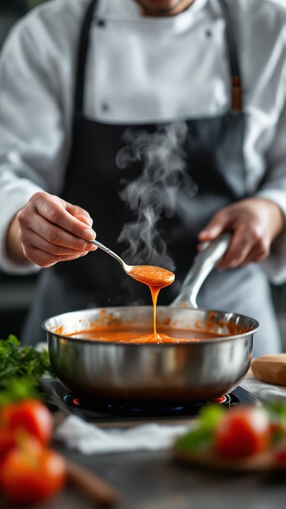 A chef stirring a pot of tomato sauce on the stove, showcasing the importance of tasting while cooking.