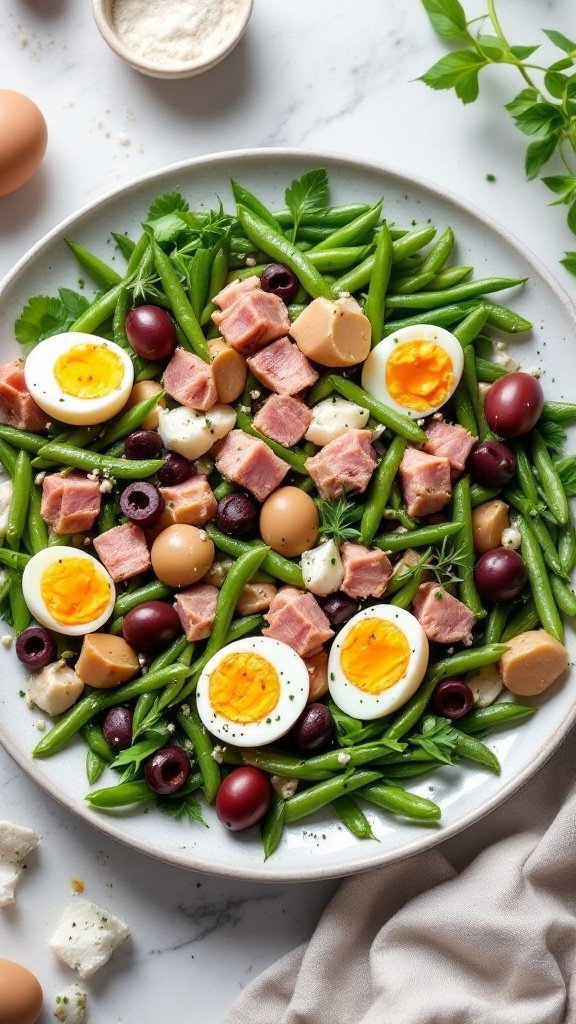 A classic Nicoise salad featuring tuna, green beans, olives, and hard-boiled eggs arranged beautifully.