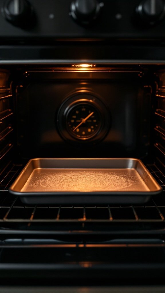 An empty oven with a baking sheet inside, ready for cooking.