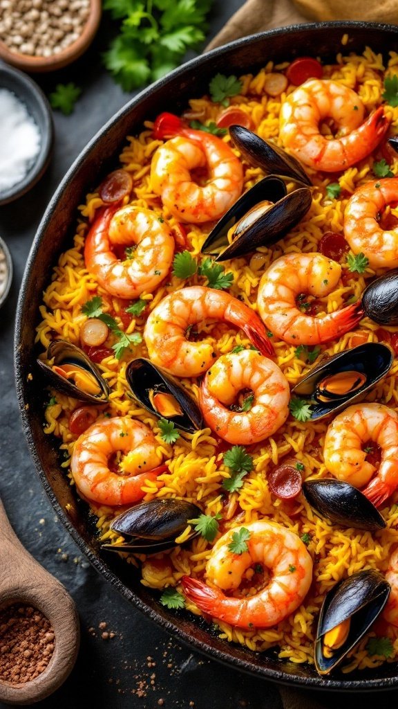 A colorful dish of seafood paella featuring shrimp, mussels, and saffron-infused rice.