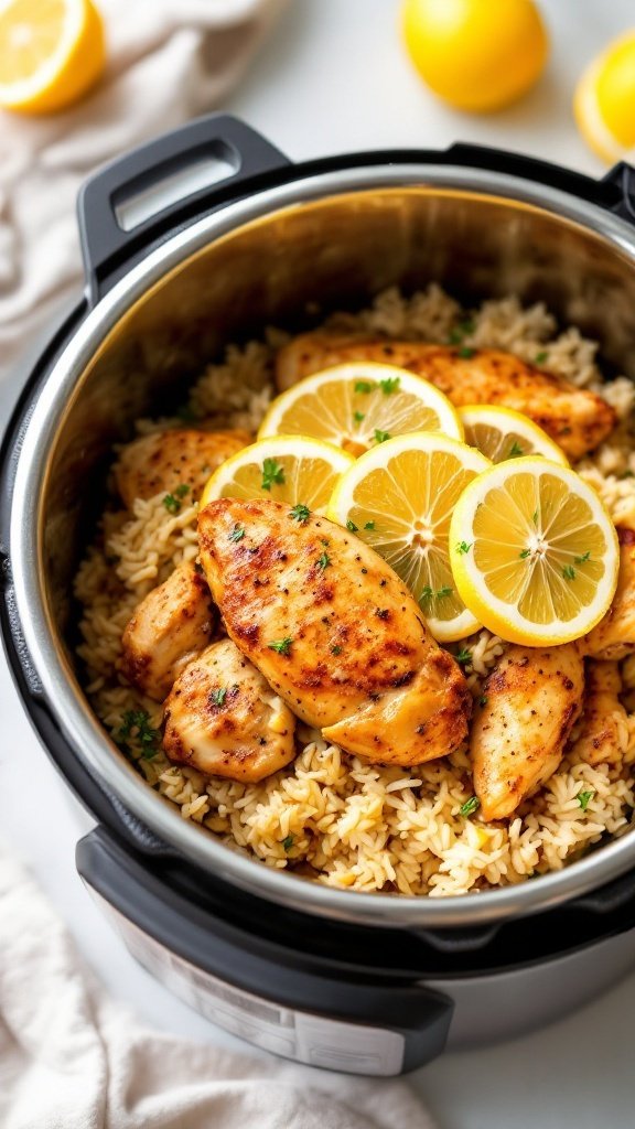 A delicious plate of lemon garlic chicken and rice served in an Instant Pot