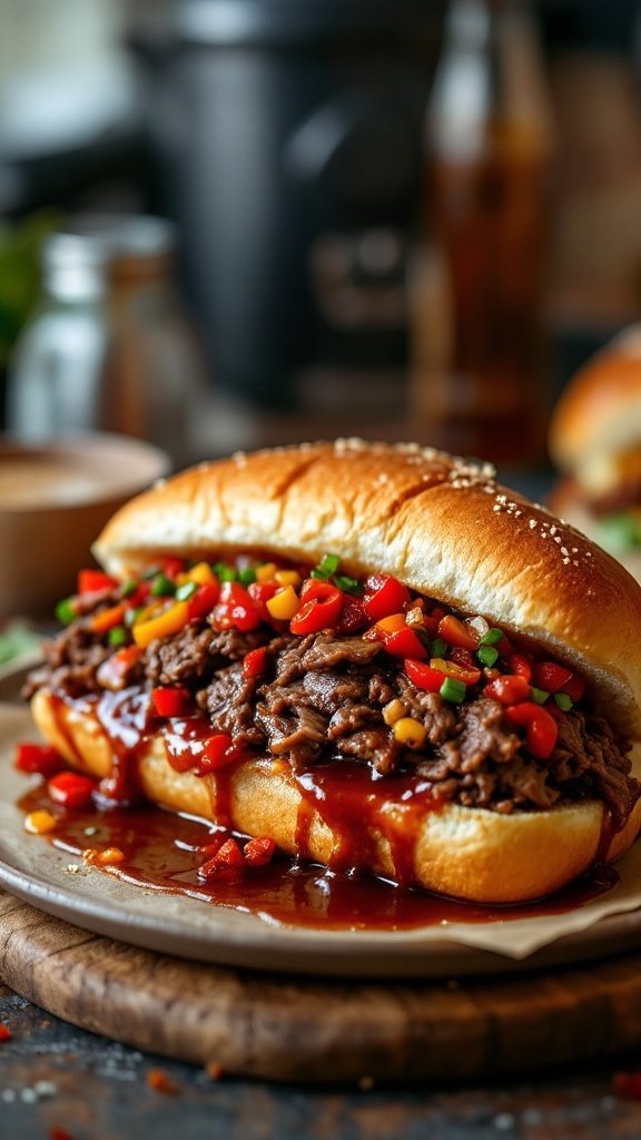 A delicious Italian beef sandwich topped with colorful peppers on a plate.