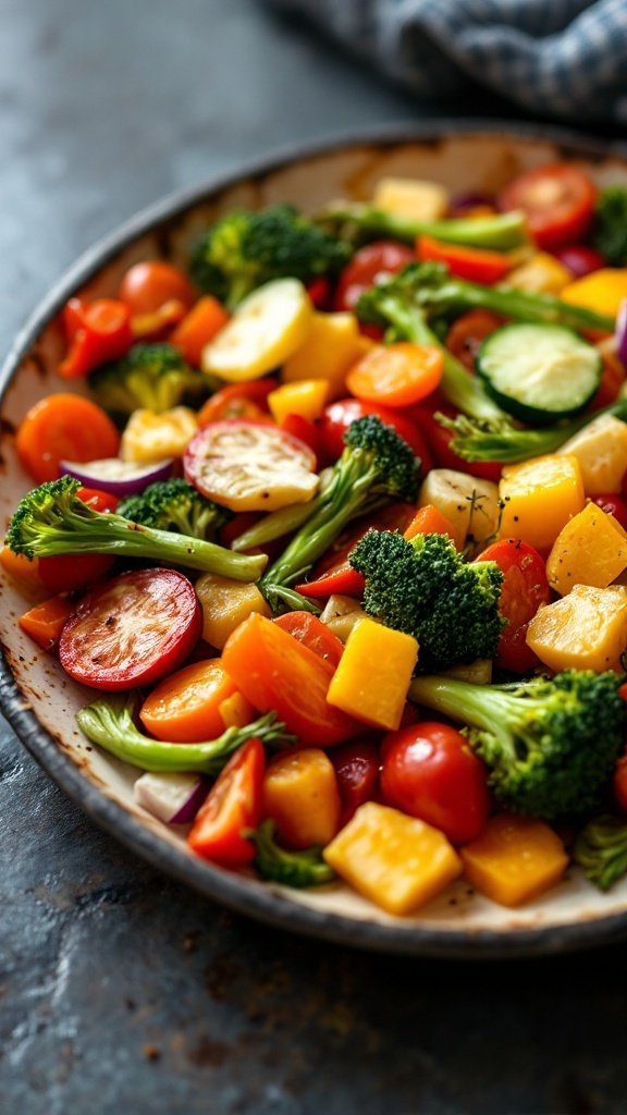 A colorful plate of roasted vegetables including broccoli, bell peppers, cherry tomatoes, and zucchini.