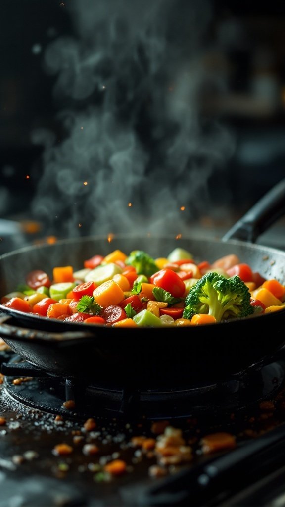 A colorful stir-fry of fresh vegetables in a pan.