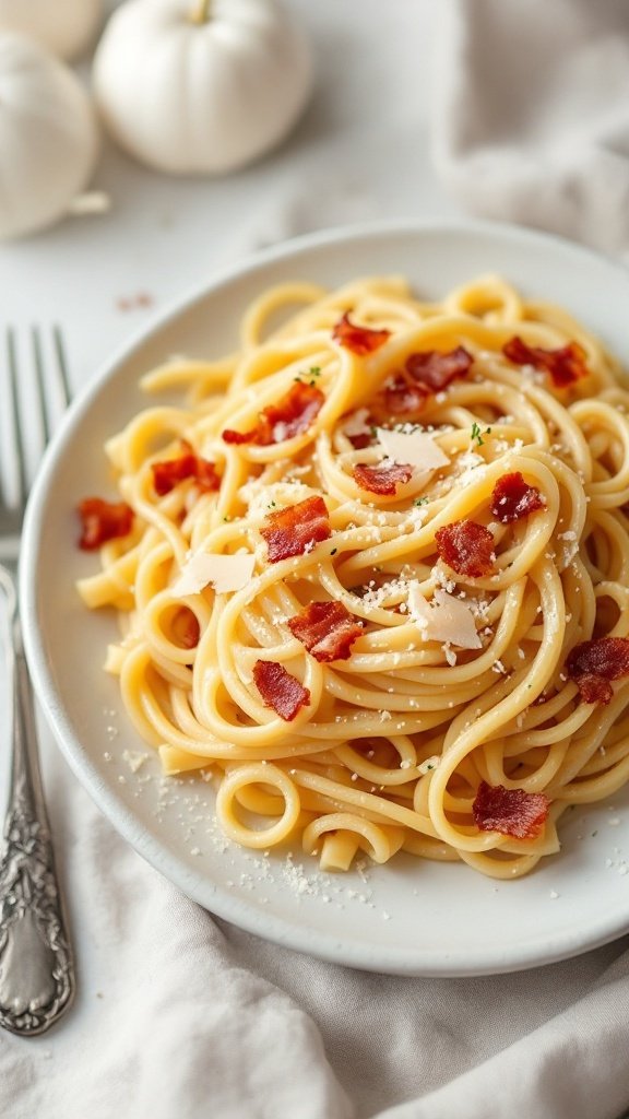 A plate of Pasta Carbonara topped with crispy bacon and cheese.