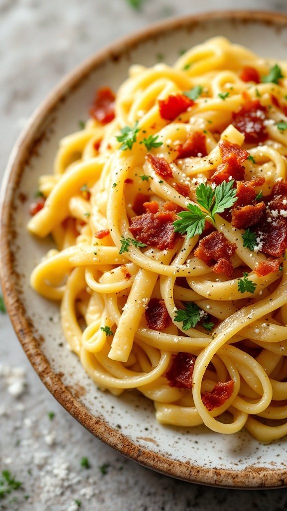 A plate of Pasta Carbonara with crispy pancetta and garnished with parsley