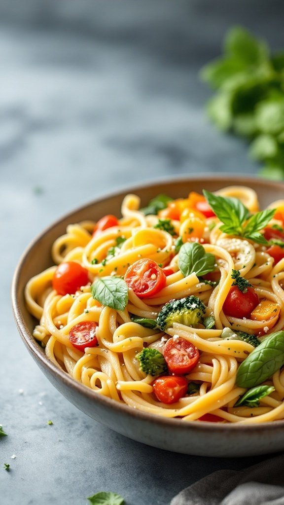 A bowl of Pasta Primavera in Cream Sauce, featuring colorful vegetables and basil.