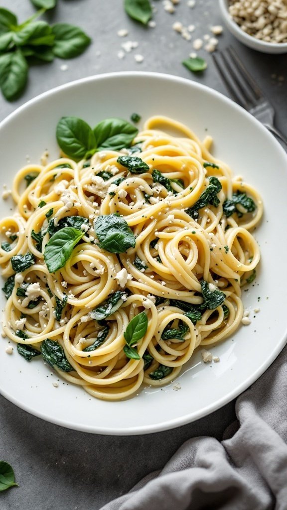 A delicious plate of pasta with spinach and artichoke sauce, garnished with fresh basil.