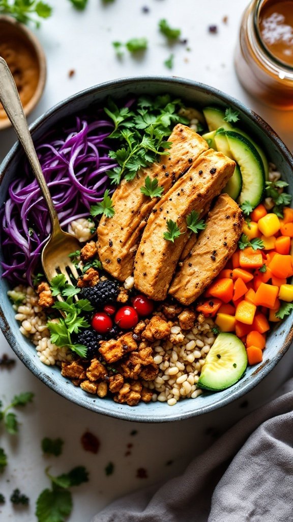 A colorful Buddha bowl featuring tempeh, quinoa, and assorted vegetables.