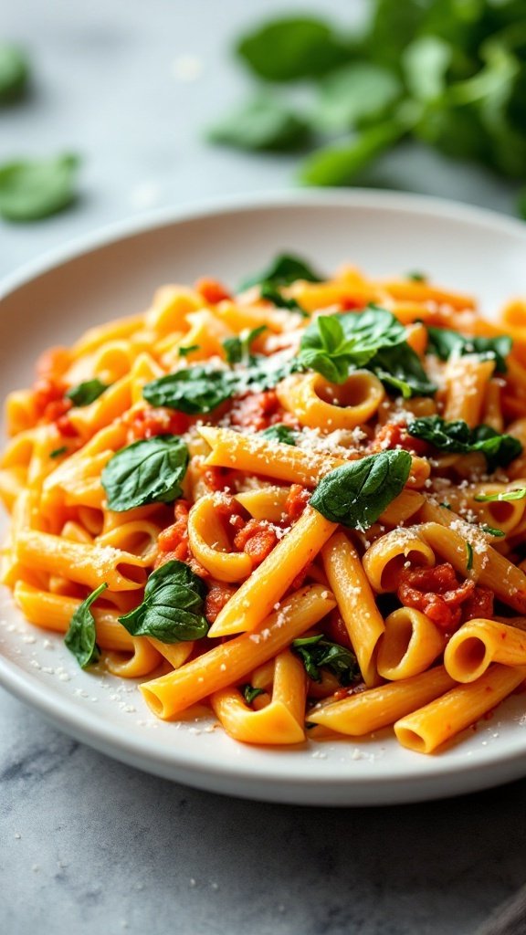 A plate of Penne alla Vodka with Spinach, featuring creamy pasta and vibrant greens.