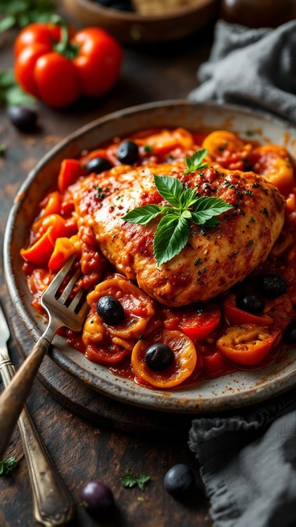 A plate of Pollo alla Cacciatora featuring chicken thighs in a rich tomato sauce with vegetables.