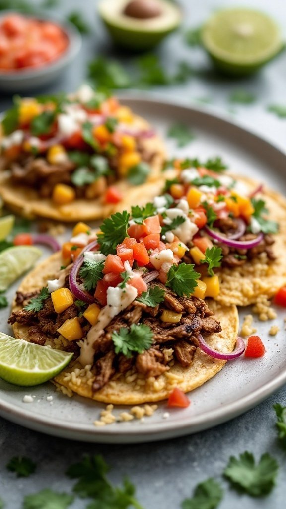 Delicious Pork Carnitas Tostadas topped with fresh ingredients