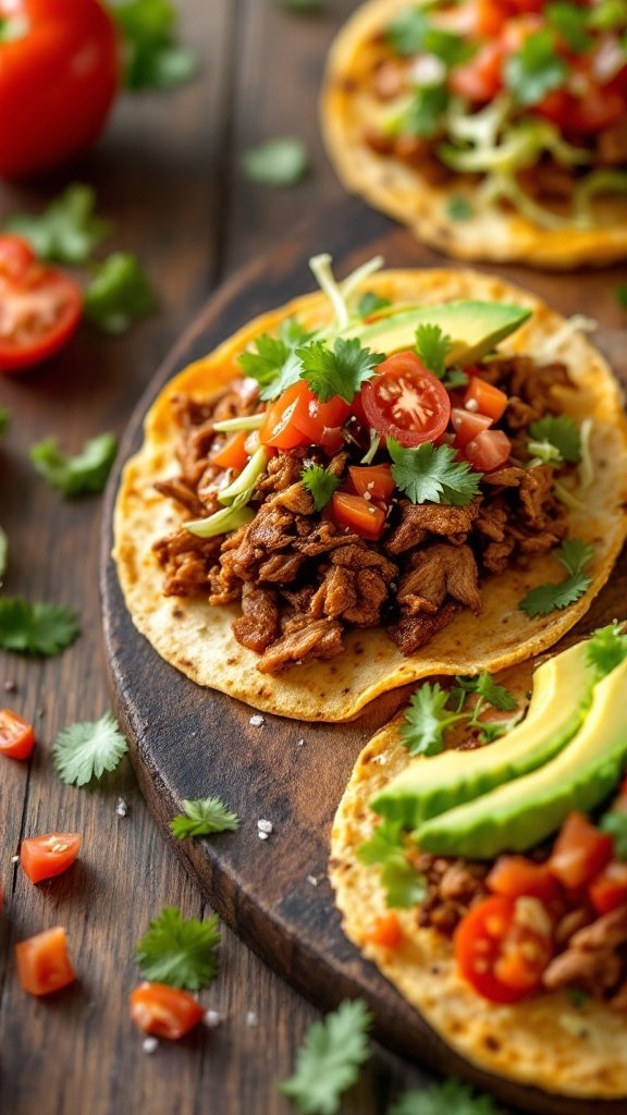 Pork carnitas tostadas topped with tomatoes, avocado, and cilantro.