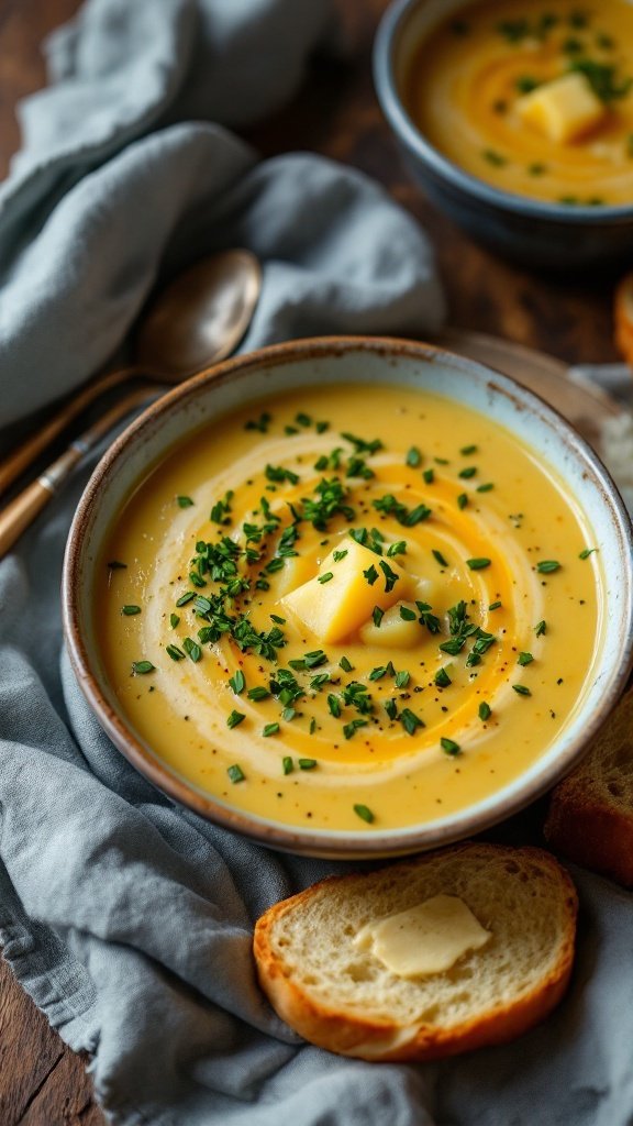 A bowl of creamy potato and leek soup garnished with chives.