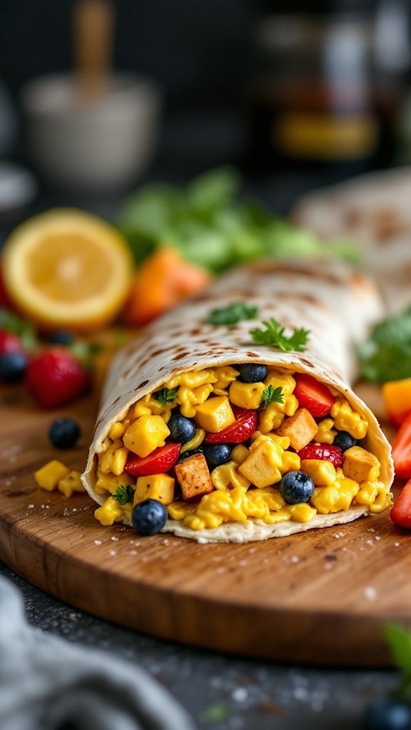 A protein-packed breakfast burrito filled with scrambled eggs, tofu, and colorful vegetables.