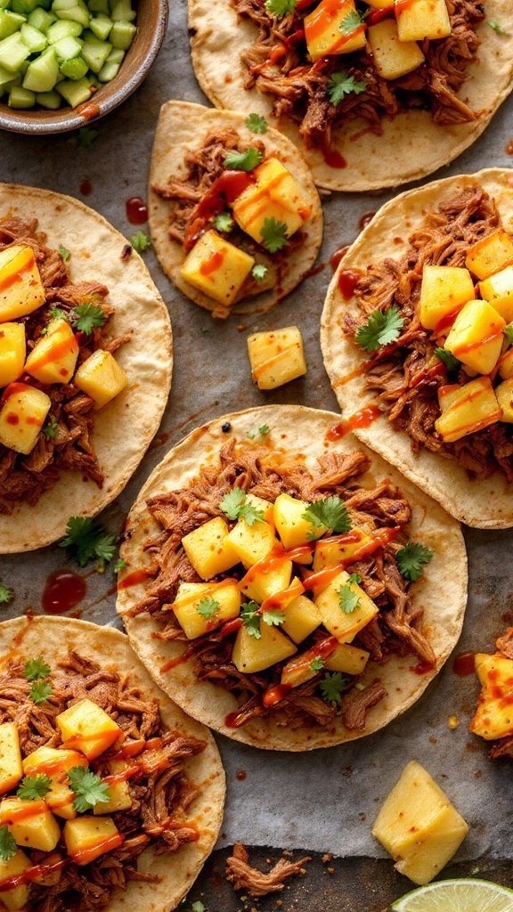 Pulled pork tostadas topped with pineapple and cilantro