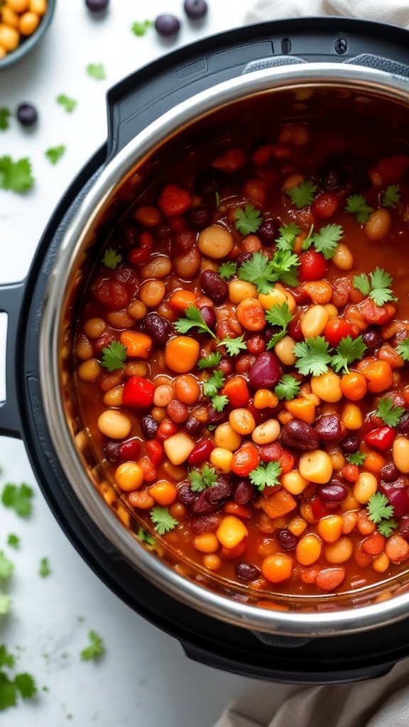 A bowl of colorful vegetarian chili with beans, garnished with cilantro.