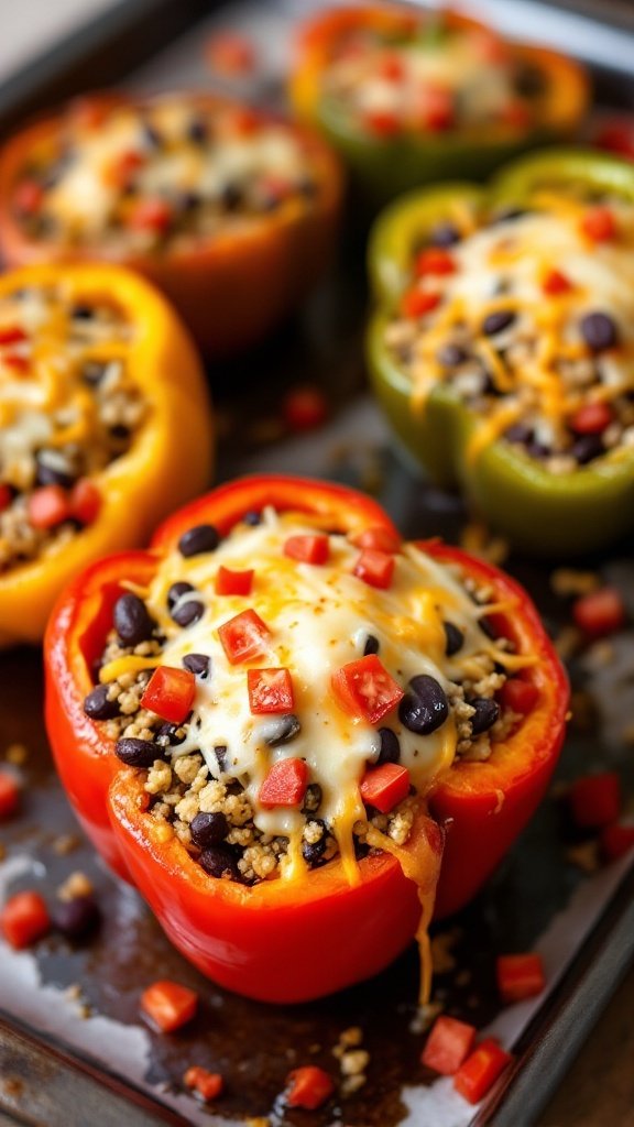 Quinoa-stuffed bell peppers in various colors topped with cheese and diced tomatoes.