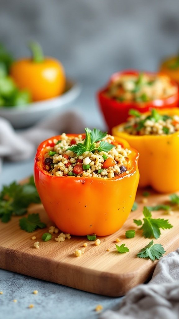 Quinoa stuffed bell peppers on a wooden board garnished with cilantro.