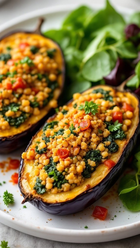 Quinoa stuffed eggplants topped with spinach and diced tomatoes, served on a plate.