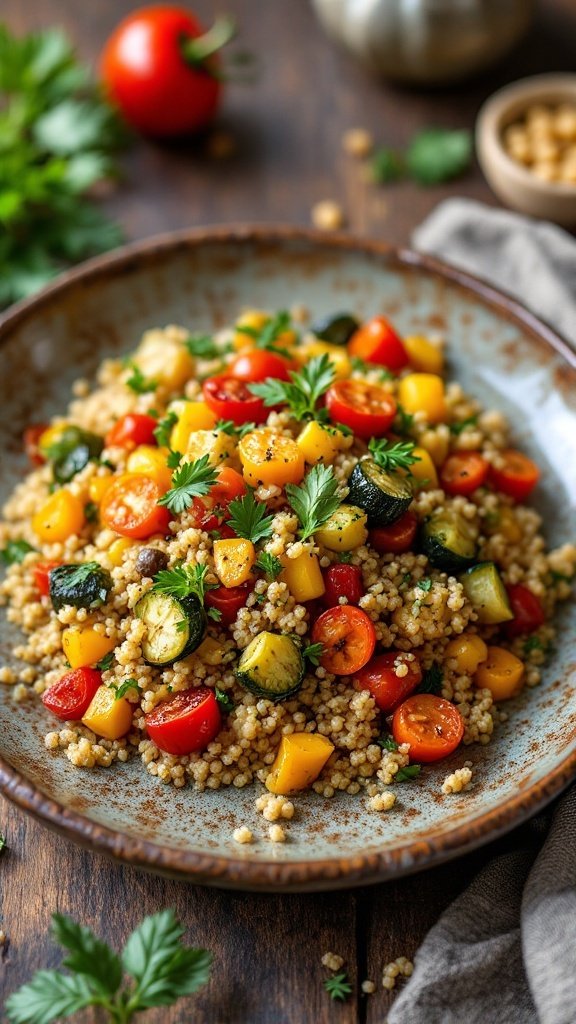 A colorful quinoa salad with vegetables including cherry tomatoes, bell peppers, and zucchini garnished with parsley.