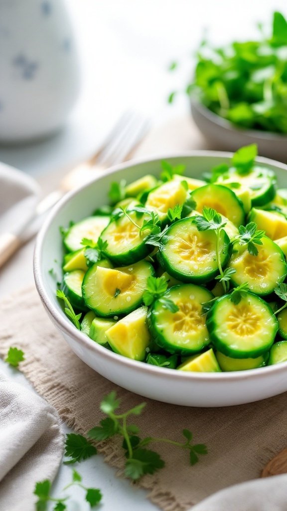 A refreshing cucumber and avocado salad in a bowl, garnished with cilantro.