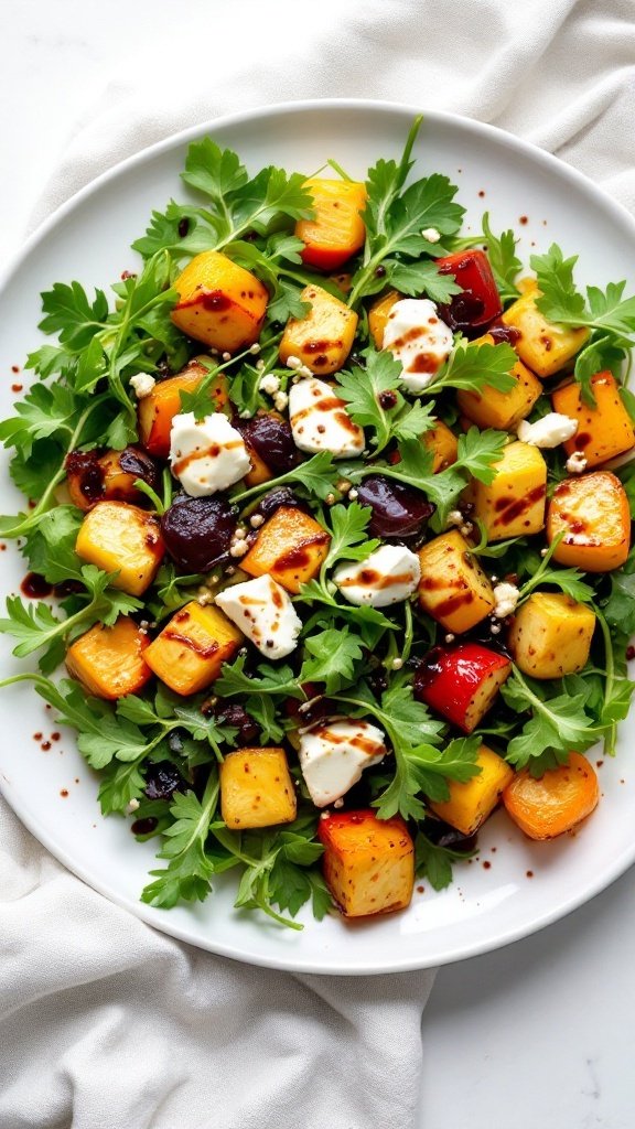 A colorful salad featuring roasted vegetables and goat cheese.