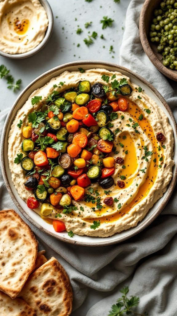 A bowl of roasted vegetable and hummus with pita on the side.