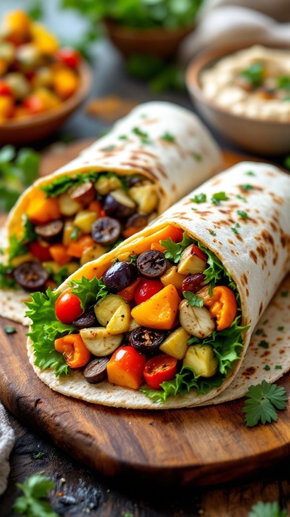 Delicious roasted vegetable and hummus wraps on a wooden board