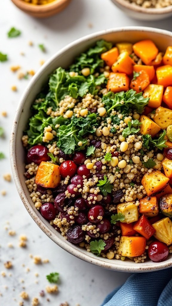 A colorful roasted vegetable grain bowl with quinoa, kale, sweet potatoes, and cherry tomatoes.