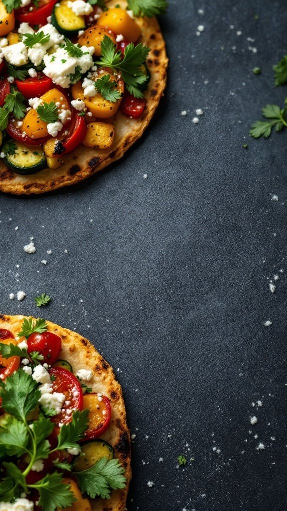 Two roasted vegetable tostadas topped with feta cheese and cilantro