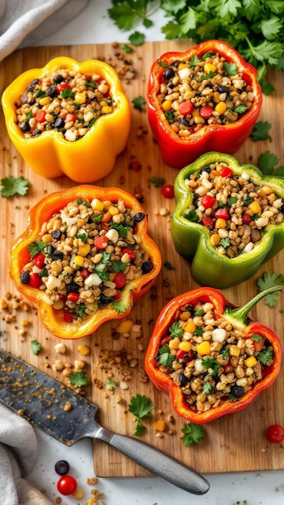 Colorful stuffed peppers filled with grains, beans, and spices