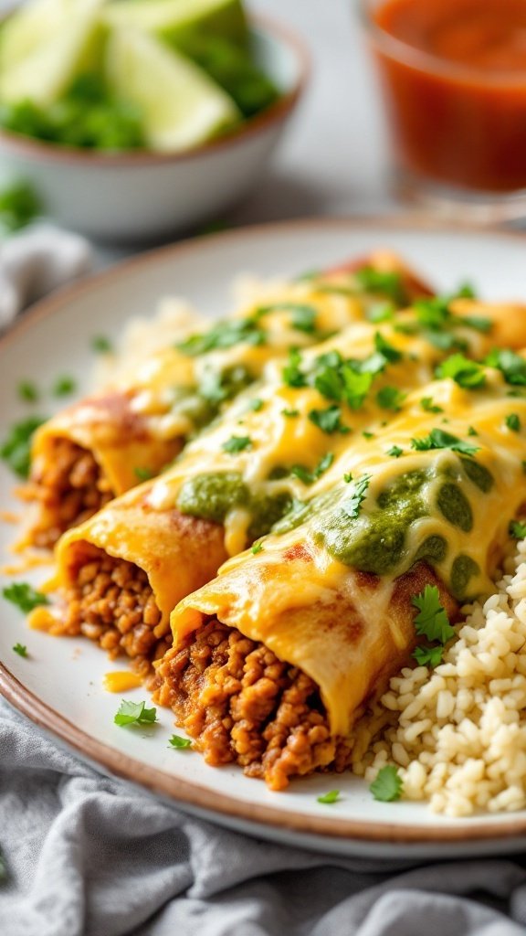 Delicious beef enchiladas topped with green sauce and cheese, served with cilantro and lime.