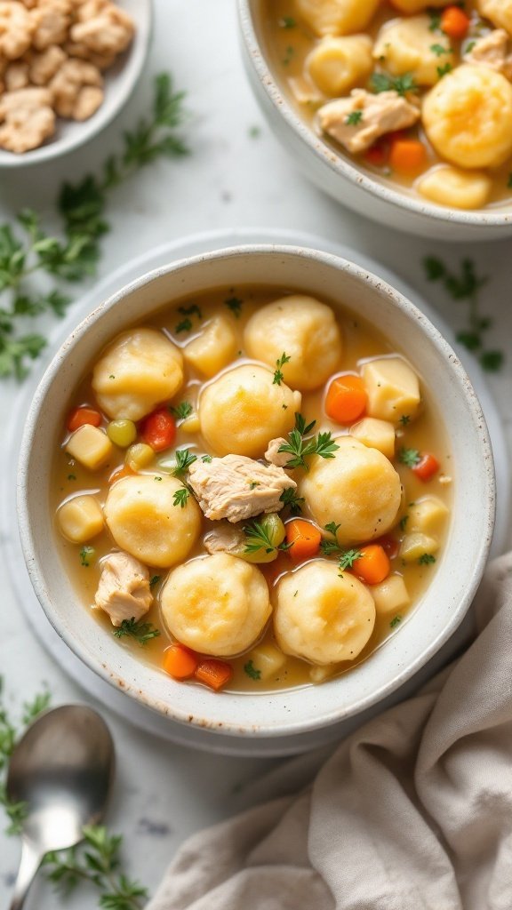 A comforting bowl of savory chicken and dumplings with fresh vegetables.