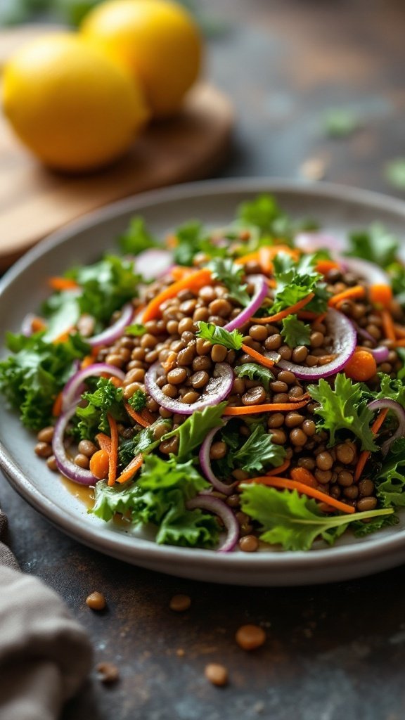 A vibrant salad featuring lentils, kale, and mixed vegetables.