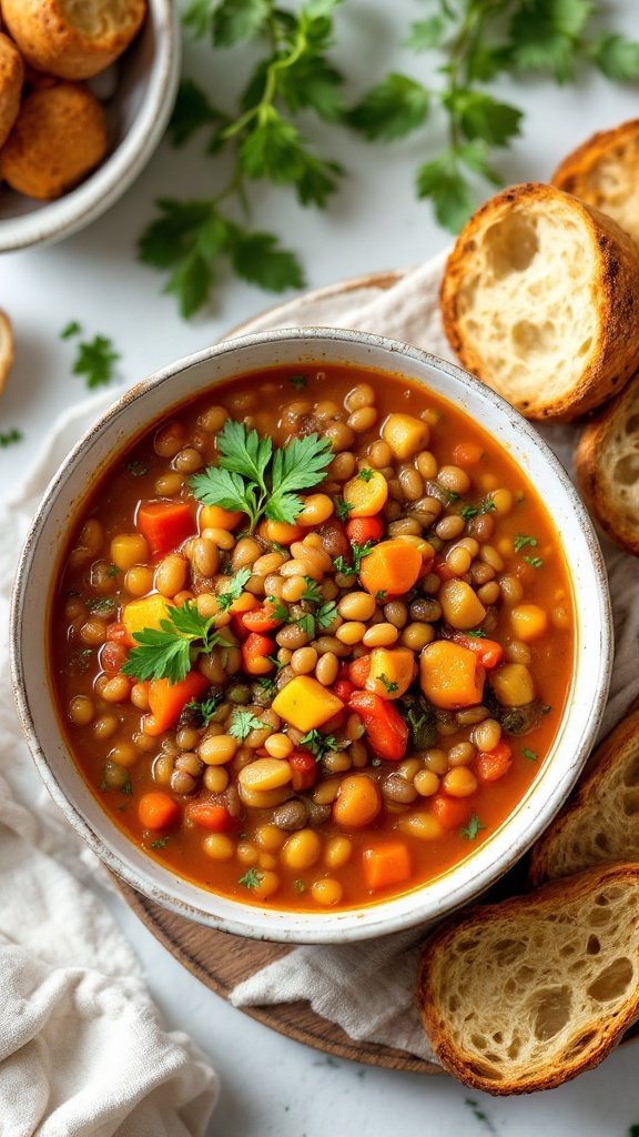 A bowl of savory vegetable and lentil soup garnished with fresh parsley.