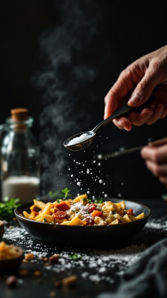 A hand adding salt to a bowl of pasta.