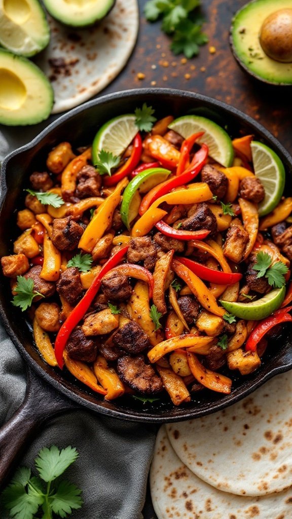 Delicious seitan fajitas served with avocado and lime.