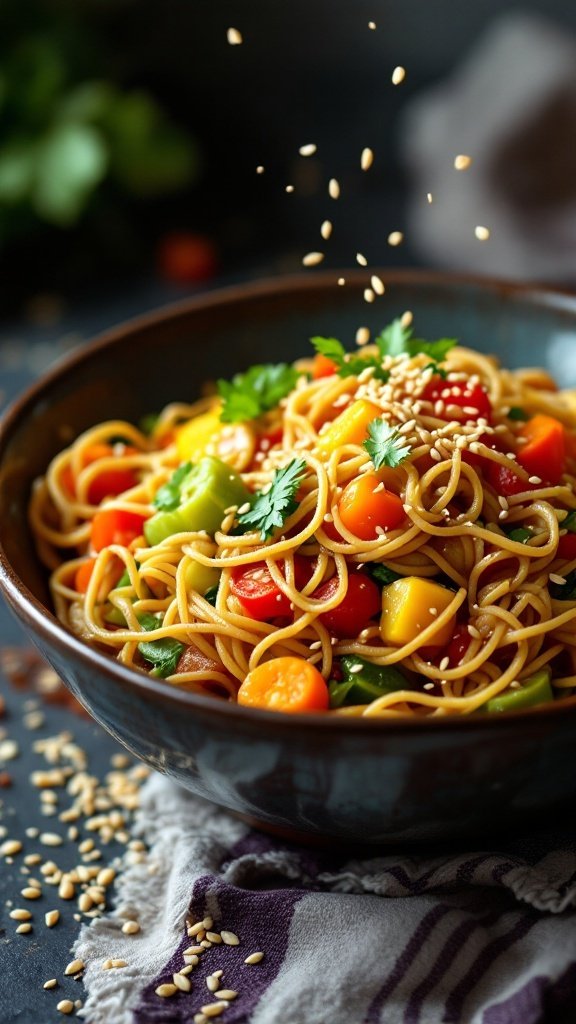 A bowl of sesame noodle stir-fry with colorful vegetables, garnished with sesame seeds and cilantro.