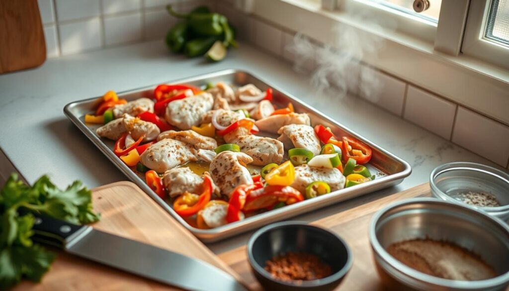 sheet pan chicken fajitas preparation