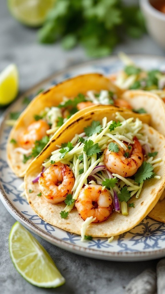 Delicious shrimp tacos topped with cilantro lime slaw and served with lime wedges.