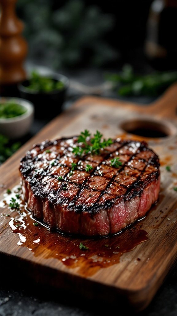 A perfectly cooked ribeye steak on a wooden cutting board.
