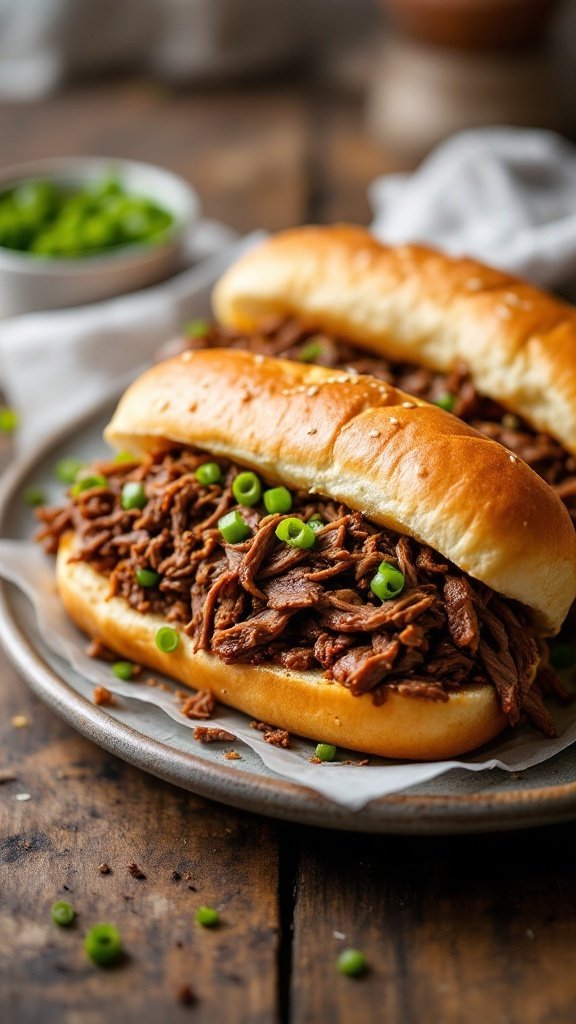 Two Italian beef sandwiches filled with shredded beef and garnished with green onions, served on a plate.