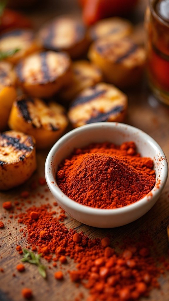 A bowl of bright red smoked paprika powder surrounded by grilled vegetables.