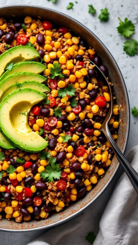 A colorful Southwestern Black Bean and Rice Skillet topped with avocado slices and cilantro.