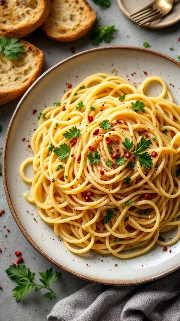 A plate of spaghetti aglio e olio garnished with parsley and red pepper flakes.