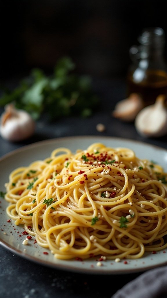 A plate of spaghetti aglio e olio topped with chili flakes and parsley